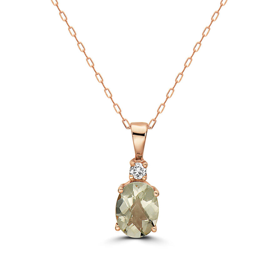 1 1/8 cts Green Green Amethyst (Prasiolite) Quartz and Diamond Necklace in 14K Rose Gold by Birthstone - BirthStone.com