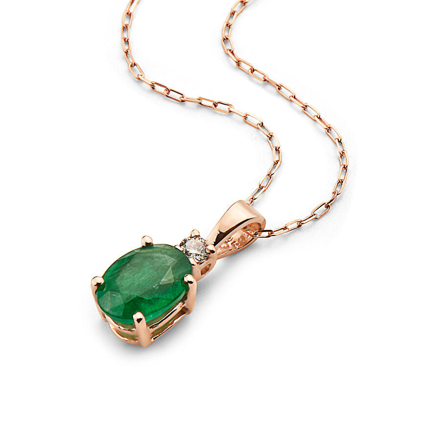 1 1/4 cts Green Emerald and Diamond Necklace in 14K Rose Gold by Birthstone - BirthStone.com