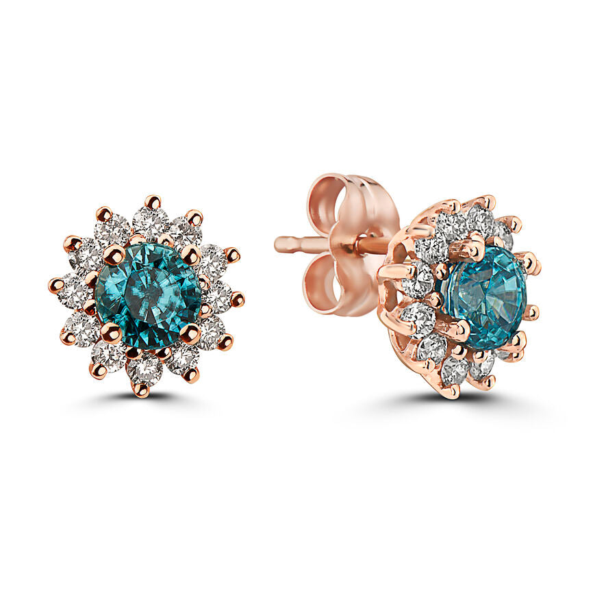 2 1/8 cts Aqua Zircon and Diamond Earrings in 14K Rose Gold by Birthstone - BirthStone.com