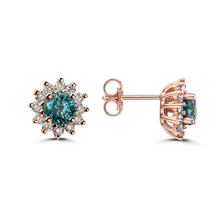 2 1/8 cts Aqua Zircon and Diamond Earrings in 14K Rose Gold by Birthstone - BirthStone.com