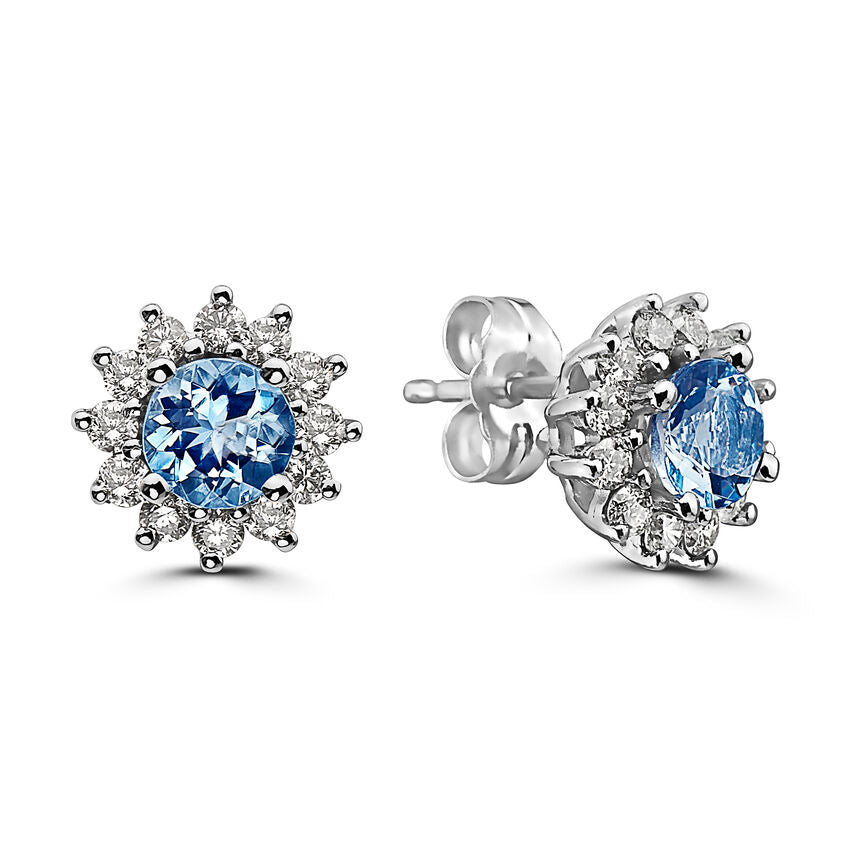 1 1/4 cts Blue Aquamarine and Diamond Earrings in 14K White Gold by Birthstone - BirthStone.com