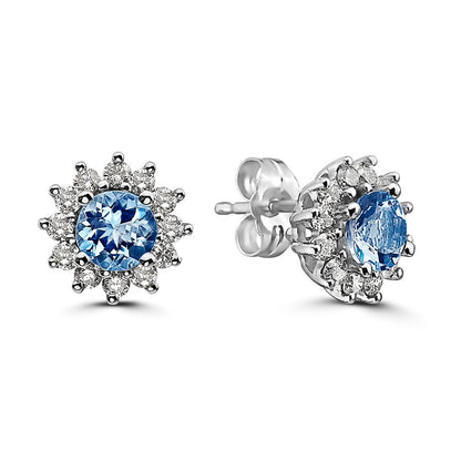 1 1/4 cts Blue Aquamarine and Diamond Earrings in 14K White Gold by Birthstone - BirthStone.com