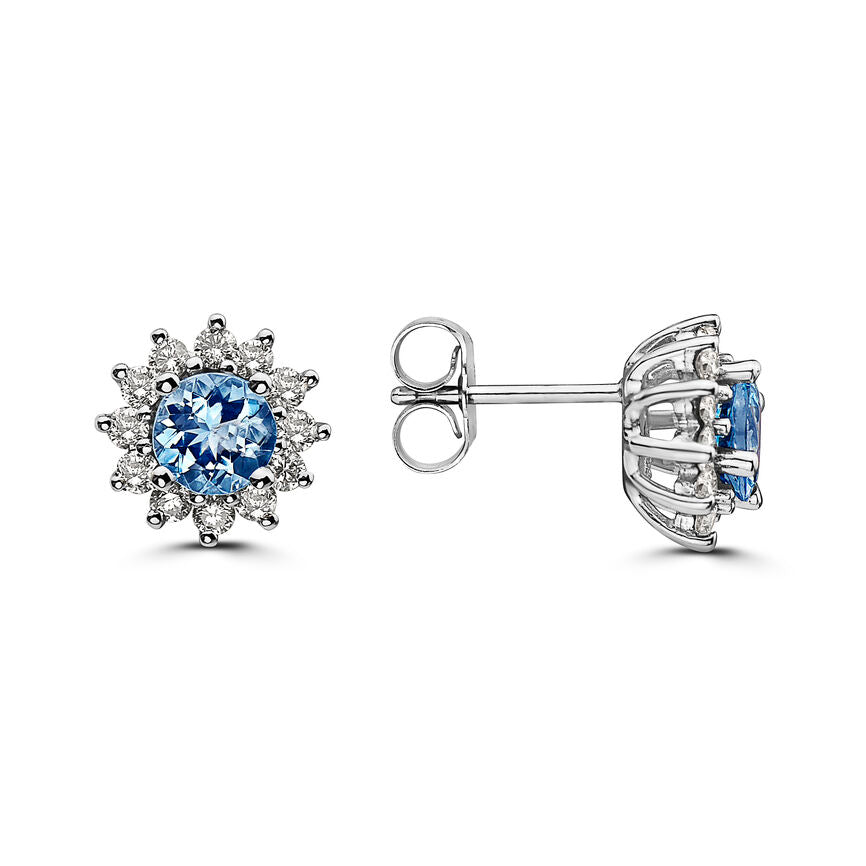 1 1/4 cts Blue Aquamarine and Diamond Earrings in 14K White Gold by Birthstone - BirthStone.com