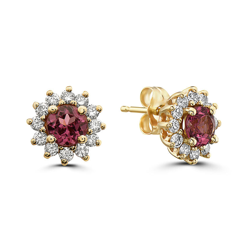 1 1/2 cts Red Rhodolite Garnet and Diamond Earrings in 14K Yellow Gold by Birthstone - BirthStone.com