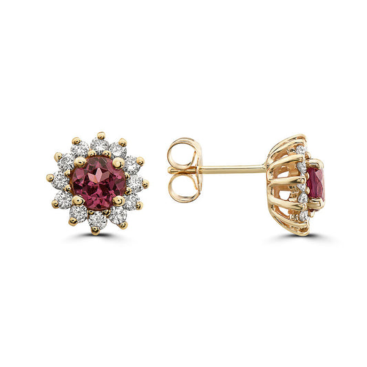 1 1/2 cts Red Rhodolite Garnet and Diamond Earrings in 14K Yellow Gold by Birthstone - BirthStone.com