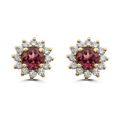 1 1/2 cts Red Rhodolite Garnet and Diamond Earrings in 14K Yellow Gold by Birthstone - BirthStone.com