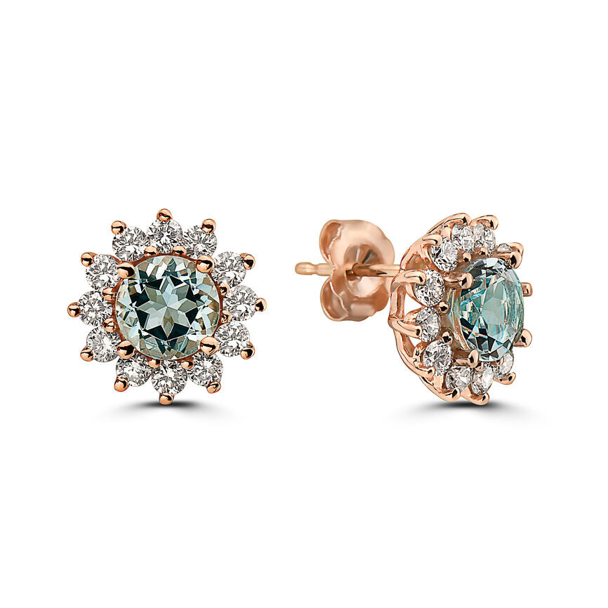 2 cts Blue Aquamarine and Diamond Earrings in 14K Rose Gold by Birthstone - BirthStone.com