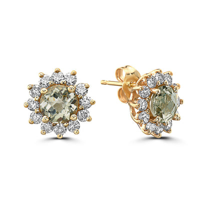 2 1/4 cts Green Green Amethyst (Prasiolite) Quartz and Diamond Earrings in 14K Yellow Gold by Birthstone - BirthStone.com