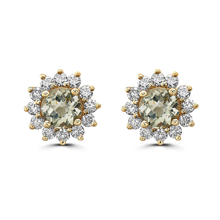 2 1/4 cts Green Green Amethyst (Prasiolite) Quartz and Diamond Earrings in 14K Yellow Gold by Birthstone - BirthStone.com