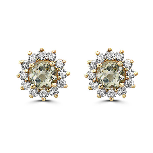 2 1/4 cts Green Green Amethyst (Prasiolite) Quartz and Diamond Earrings in 14K Yellow Gold by Birthstone - BirthStone.com