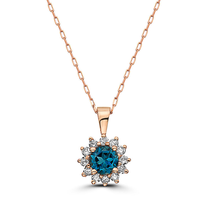 3/4 cts Blue London Blue Topaz and Diamond Necklace in 14K Rose Gold by Birthstone - BirthStone.com