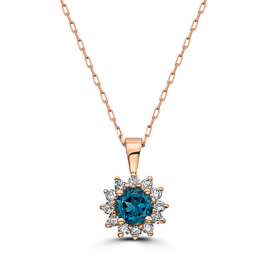 3/4 cts Blue London Blue Topaz and Diamond Necklace in 14K Rose Gold by Birthstone - BirthStone.com