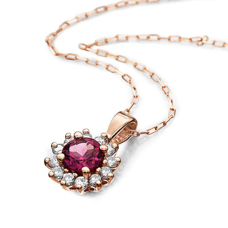 3/4 cts Red Rhodolite Garnet and Diamond Necklace in 14K Rose Gold by Birthstone - BirthStone.com