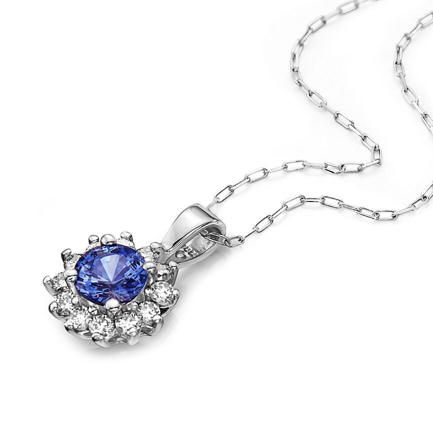 3/4 cts Blue Sapphire and Diamond Necklace in 14K White Gold by Birthstone - BirthStone.com