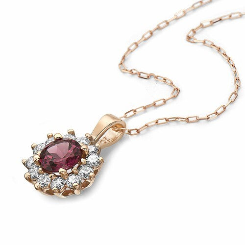 Birthstone Pendant 1 cts Natural Red Rhodolite, Nude Diamonds, in 14K Rose Gold