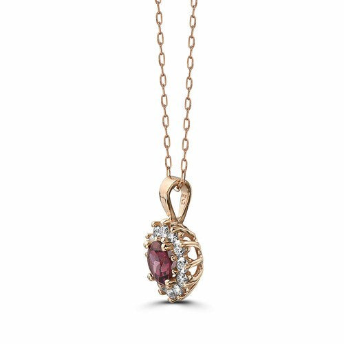 Birthstone Pendant 1 cts Natural Red Rhodolite, Nude Diamonds, in 14K Rose Gold