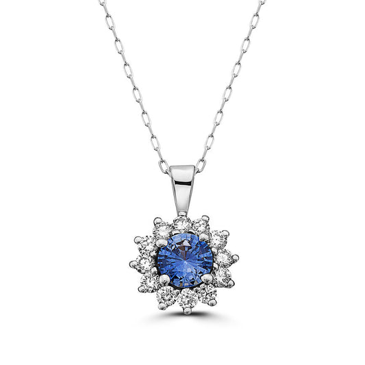 1 1/8 cts Blue Sapphire and Diamond Necklace in 14K White Gold by Birthstone - BirthStone.com