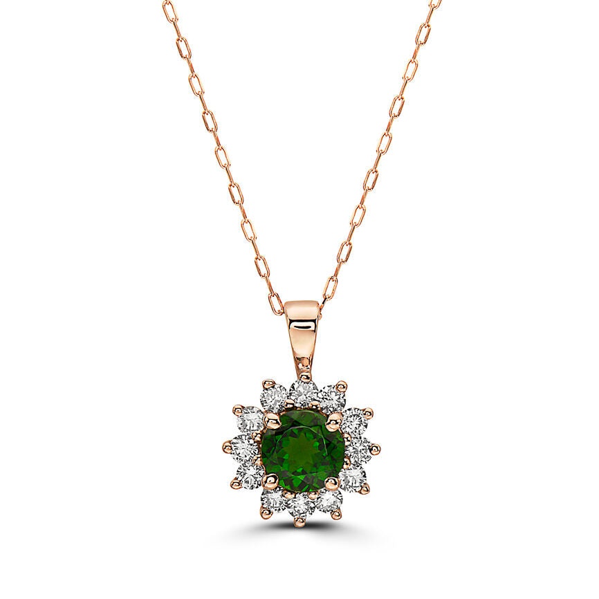 1 1/4 cts Green Chrom Diopside and Diamond Necklace in 14K Rose Gold by Birthstone - BirthStone.com