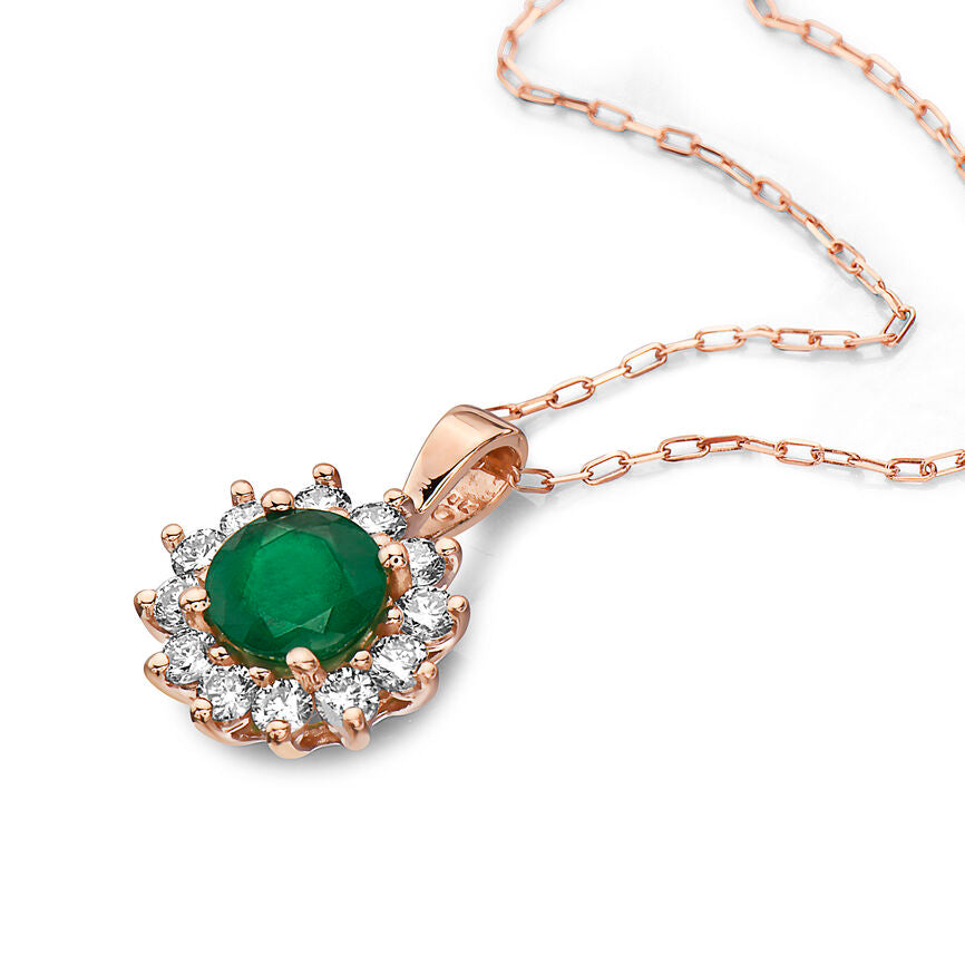 1 3/8 cts Green Emerald and Diamond Necklace in 14K Rose Gold by Birthstone - BirthStone.com