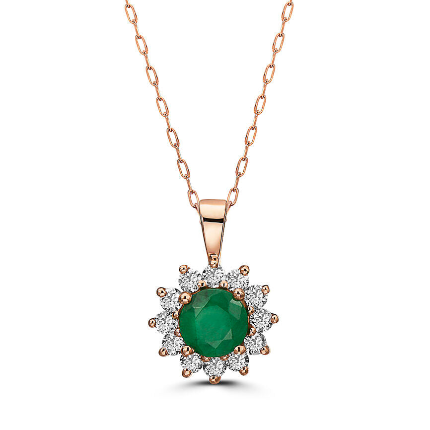 1 3/8 cts Green Emerald and Diamond Necklace in 14K Rose Gold by Birthstone - BirthStone.com