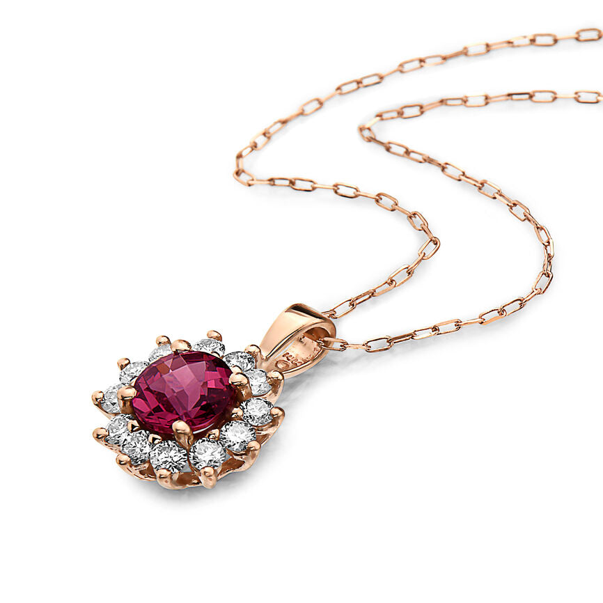 1 3/8 cts Red Rhodolite Garnet and Diamond Necklace in 14K Rose Gold by Birthstone - BirthStone.com