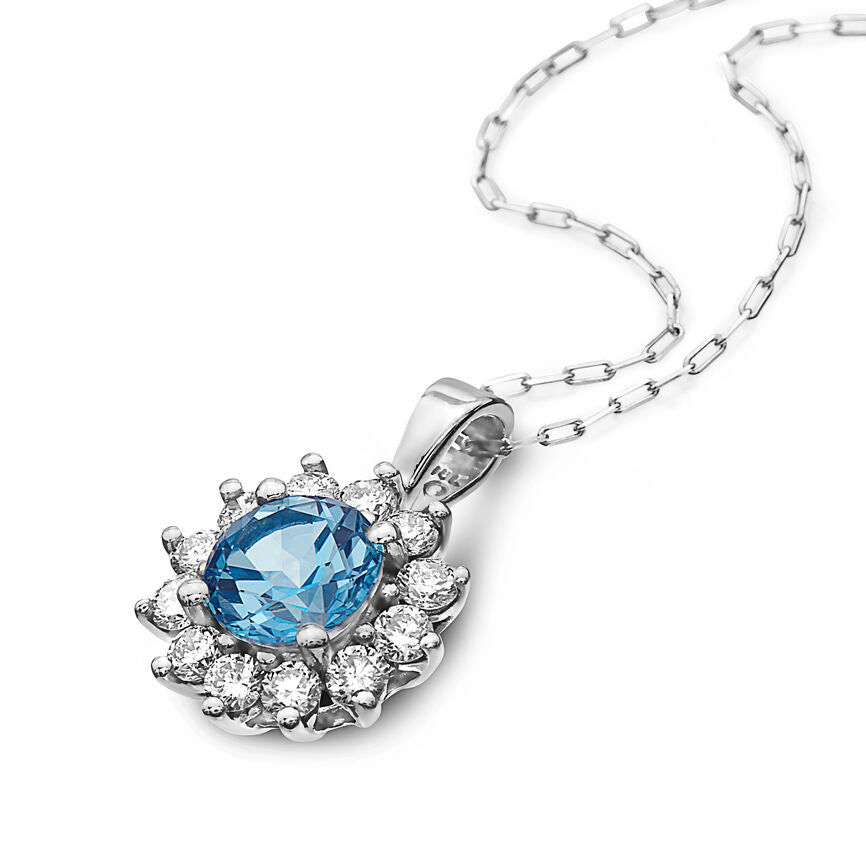 1 1/3 cts Blue Topaz and Diamond Necklace in 14K White Gold by Birthstone - BirthStone.com