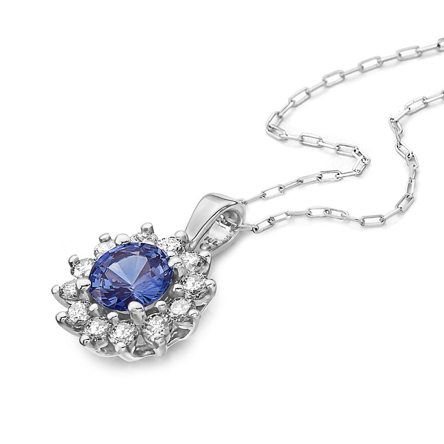 1 1/8 cts Blue Sapphire and Diamond Necklace in 14K White Gold by Birthstone - BirthStone.com