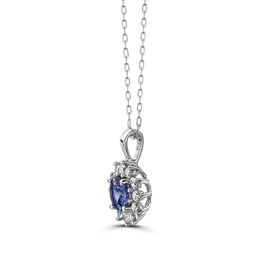 1 1/8 cts Blue Sapphire and Diamond Necklace in 14K White Gold by Birthstone - BirthStone.com