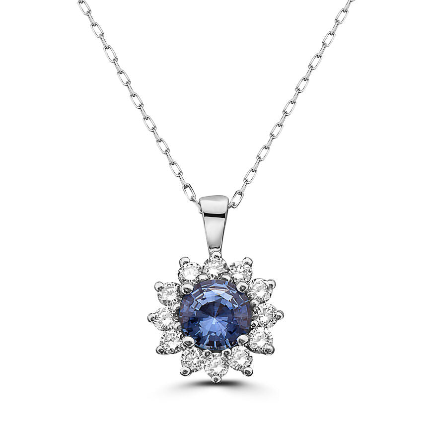 1 1/8 cts Blue Sapphire and Diamond Necklace in 14K White Gold by Birthstone - BirthStone.com