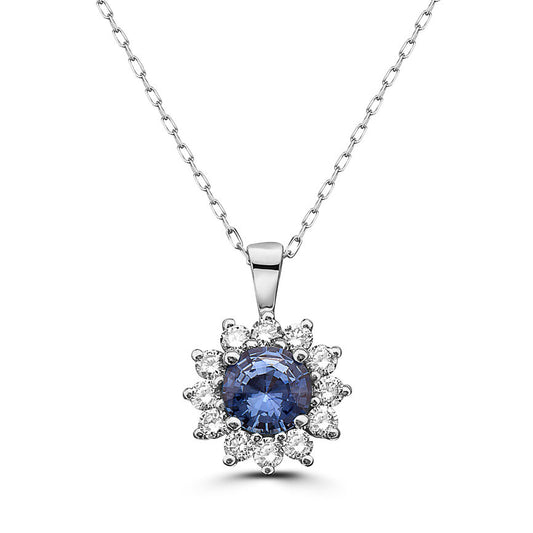 1 1/8 cts Blue Sapphire and Diamond Necklace in 14K White Gold by Birthstone - BirthStone.com