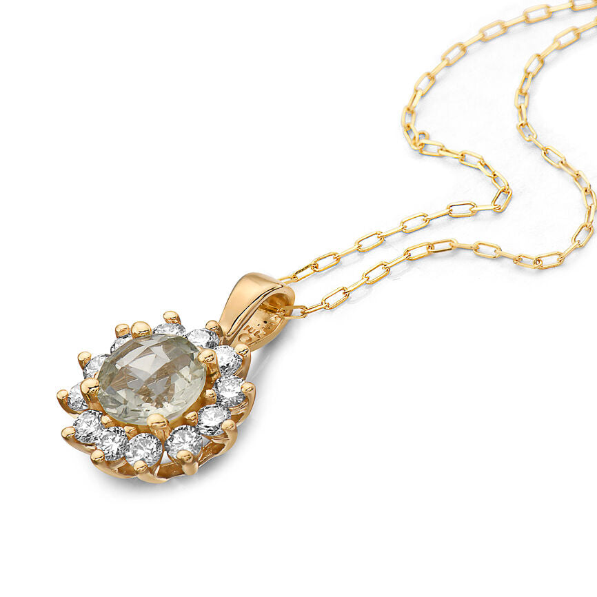 1 cts Green Green Amethyst (Prasiolite) Quartz and Diamond Necklace in 14K Yellow Gold by Birthstone - BirthStone.com