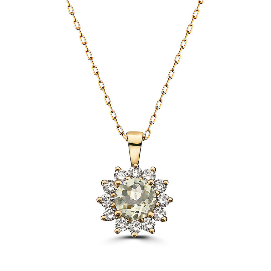 1 cts Green Green Amethyst (Prasiolite) Quartz and Diamond Necklace in 14K Yellow Gold by Birthstone - BirthStone.com