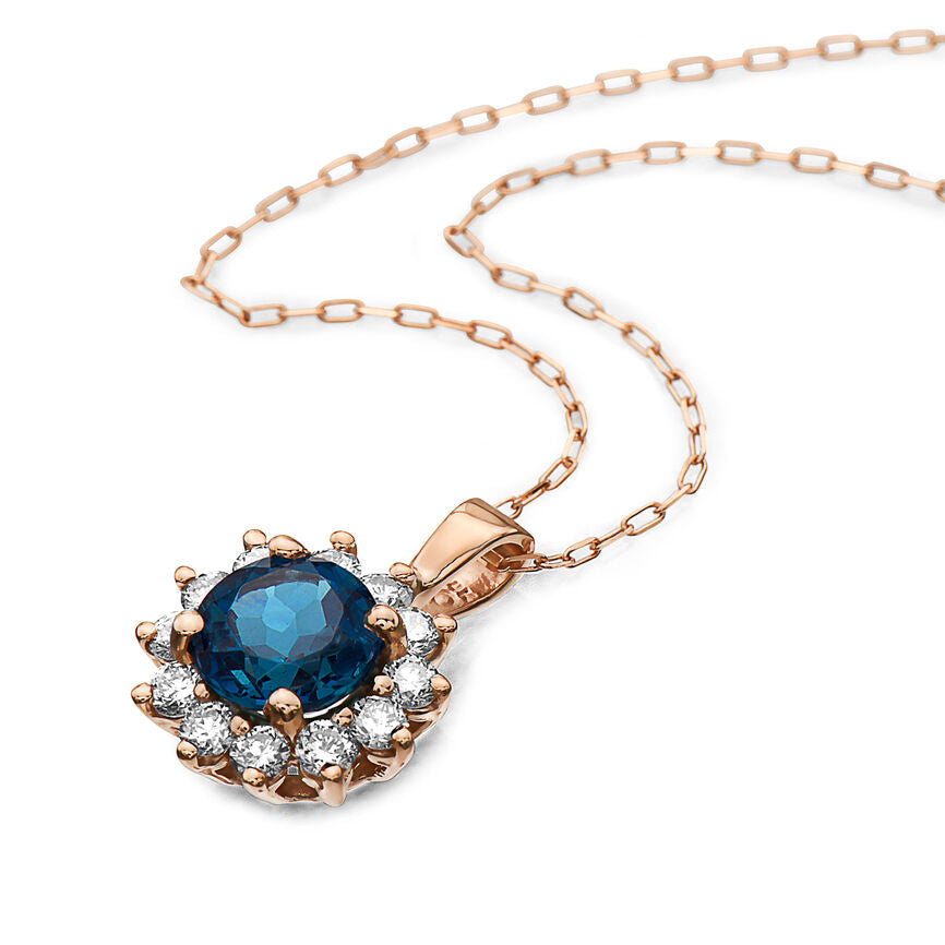 1 7/8 cts Blue London Blue Topaz and Diamond Necklace in 14K Rose Gold by Birthstone - BirthStone.com