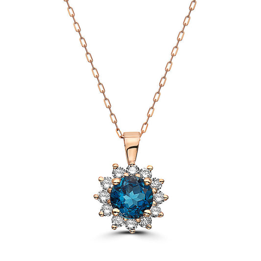 1 7/8 cts Blue London Blue Topaz and Diamond Necklace in 14K Rose Gold by Birthstone - BirthStone.com