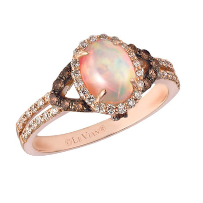 LeVian 14K Rose Gold, Oval Opal Cabochon & 2/5 Cttw White/Chocolate Diamond Halo Fashion Ring (H-I & Fancy Brown Color, SI1-SI2 Clarity) S 8 - BirthStone.com