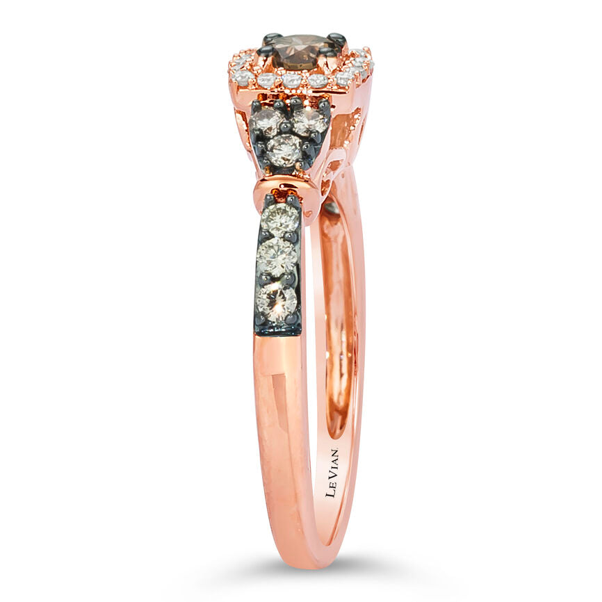 LeVian 14K Rose Gold 1/2 Cttw White/Chocolate Diamond Cushion Shaped Halo Fashion Ring (G-H & Fancy Brown Color, VS2-SI1 Clarity) - Sz 7-1/2 - BirthStone.com