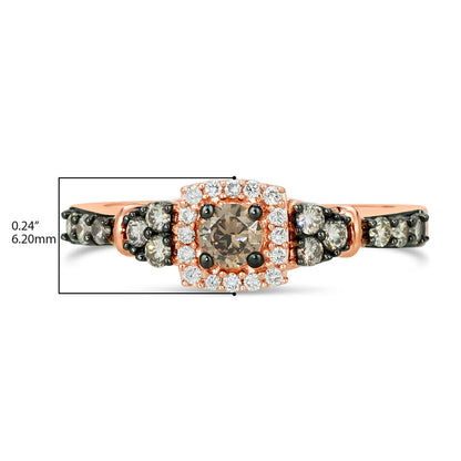 LeVian 14K Rose Gold 1/2 Cttw White/Chocolate Diamond Cushion Shaped Halo Fashion Ring (G-H & Fancy Brown Color, VS2-SI1 Clarity) - Sz 7-1/2 - BirthStone.com