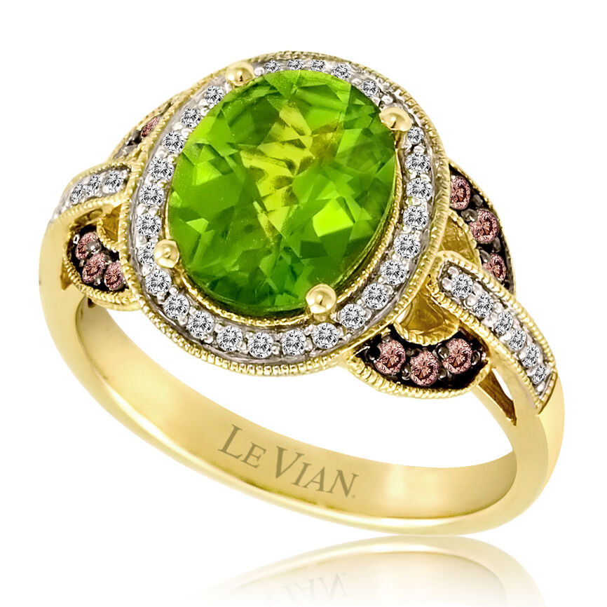 LeVian Ring Green Peridot Chocolate & White Diamond in 14K Yellow Gold 2 3/4cts