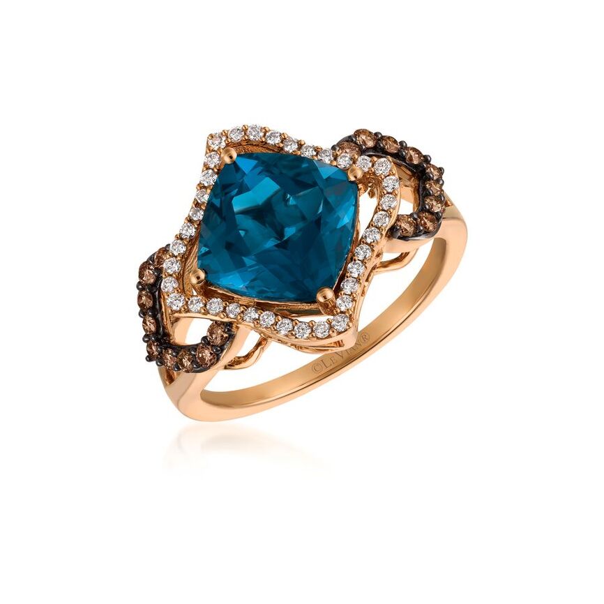 14K STRAWBERRY GOLD DIAMOND LONDON BLUE TOPAZ RING