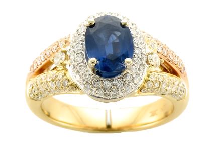 18K THREE TONE GOLD DIAMOND SAPPHIRE RING