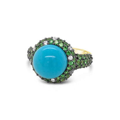 14K YELLOW GOLD DIAMOND TURQUOISE, TSAVORITE RING