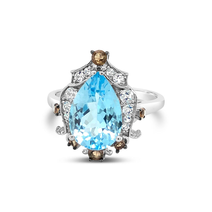 14K WHITE GOLD BLUE TOPAZ, WHITE TOPAZ, SMOKY QUAR