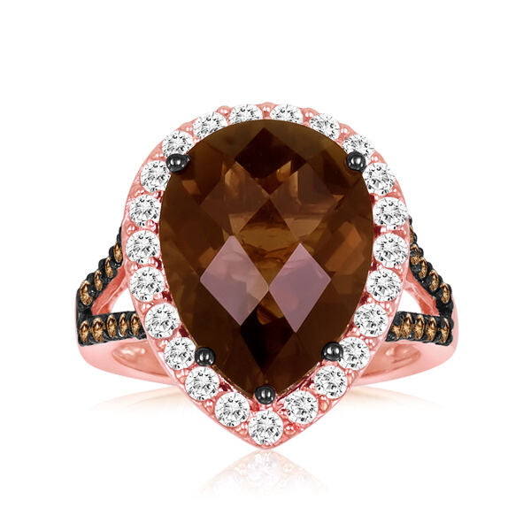 14K STRAWBERRY GOLD SMOKY QUARTZ, WHITE SAPPHIRE R