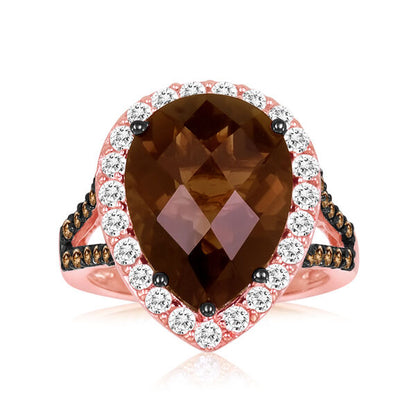 14K STRAWBERRY GOLD SMOKY QUARTZ, WHITE SAPPHIRE R