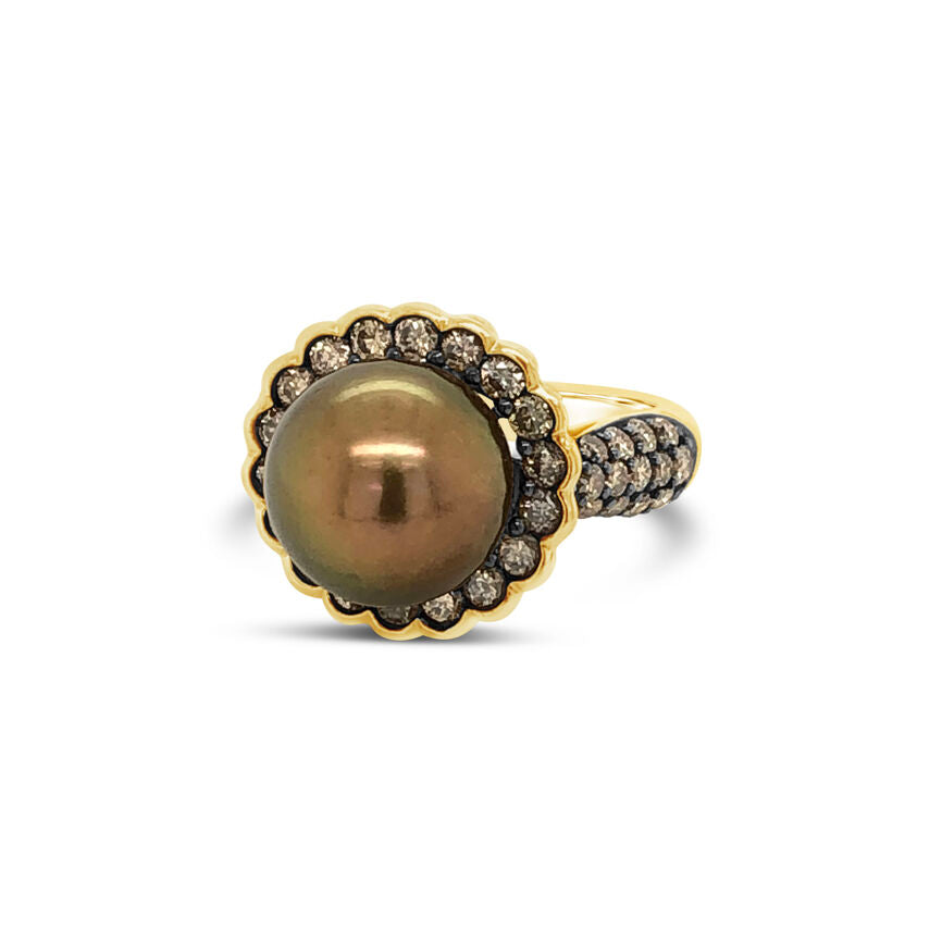 14K YELLOW GOLD DIAMOND TAHITIAN  BROWN PEARL RING