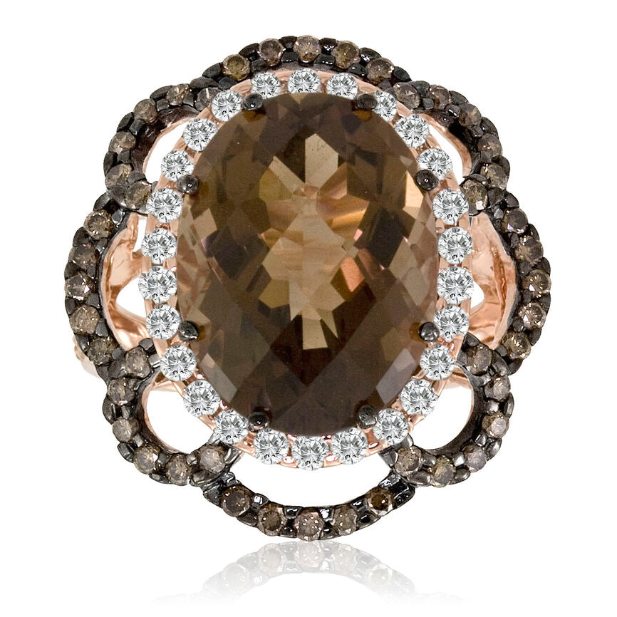 14K STRAWBERRY GOLD DIAMOND SMOKY QUARTZ RING