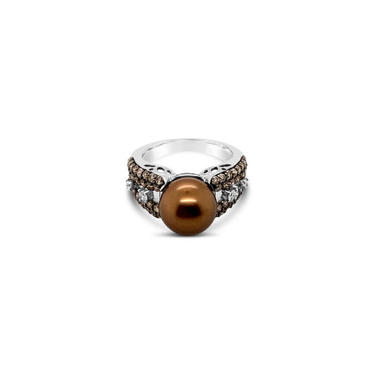 14K WHITE GOLD DIAMOND TAHITIAN  BROWN PEARL RING