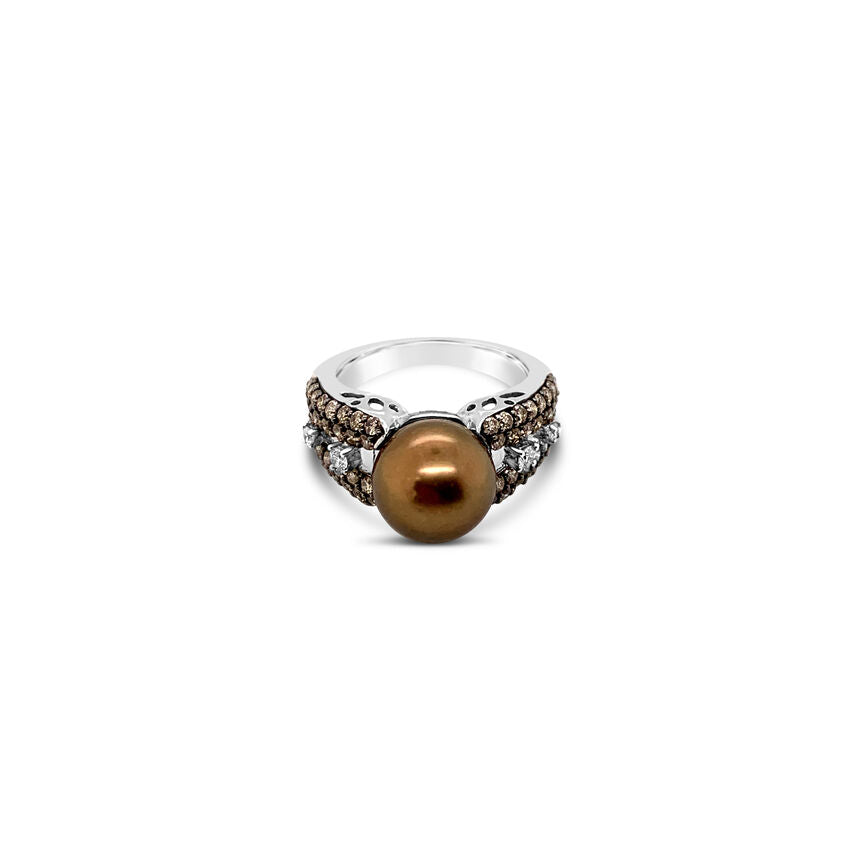 14K WHITE GOLD DIAMOND TAHITIAN  BROWN PEARL RING