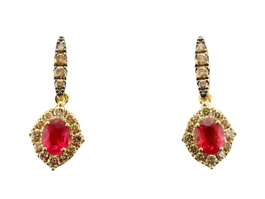 7/8 cts Red Ruby and Diamond Dangle/Drop Earrings in 14K Yellow Gold by Le Vian - BirthStone.com