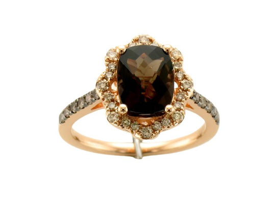 14K STRAWBERRY GOLD DIAMOND SMOKY QUARTZ RING